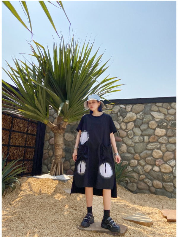 LOOSE POLKA-DOT ROUND-NECK LONG DRESS