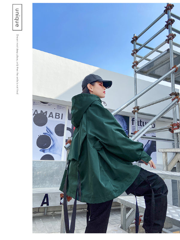 Stylish Loose Large Pocket Zipper Hood Outwear