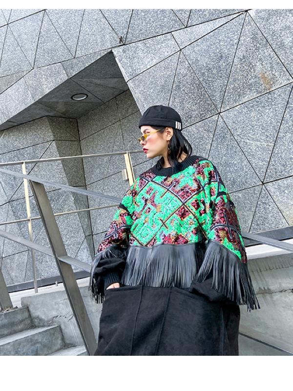 Loose Spliced Tasseled Sequined A-Line Dress