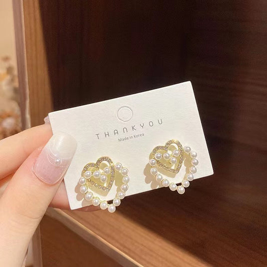 S925 silver needle Korean double-layer love pearl earrings