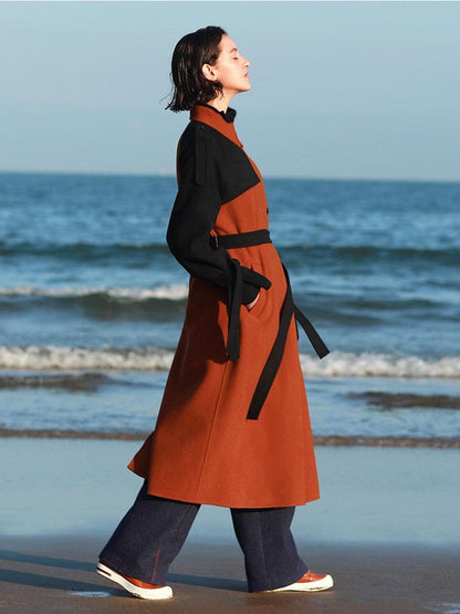 Autumn Winter Colorblock Woolen Coat