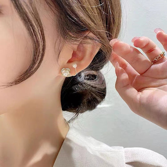 S925 silver needle camellia four-leaf flower pearl earrings