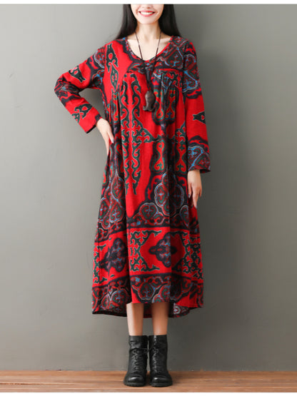 VINTAGE FLORAL RAMIE COTTON V-NECK MAXI DRESS