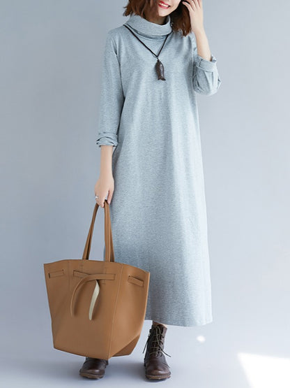 Loose Plain Turtleneck Midi Dress