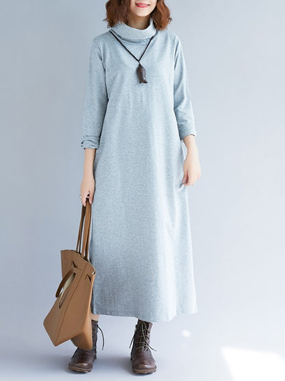 Loose Plain Turtleneck Midi Dress