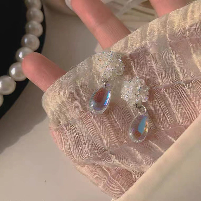 S925 silver needle flower transparent water drop earrings