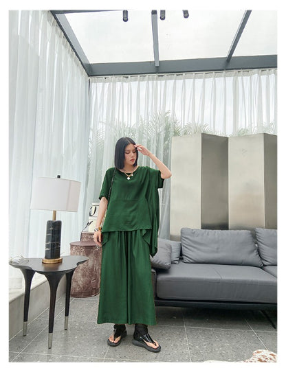 URBAN SOLID ROUND-NECK T-SHIRT&WIDE LEG PANTS SUITS