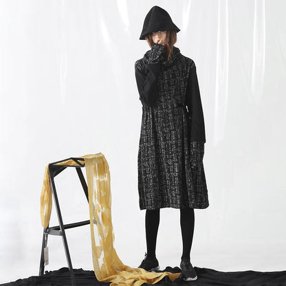 Plus Size Turtleneck Spliced Drawstring Winter Midi Dress