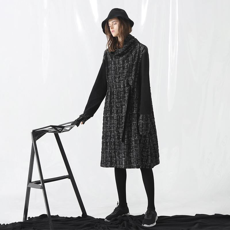 Plus Size Turtleneck Spliced Drawstring Winter Midi Dress