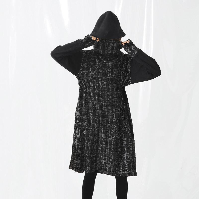 Plus Size Turtleneck Spliced Drawstring Winter Midi Dress