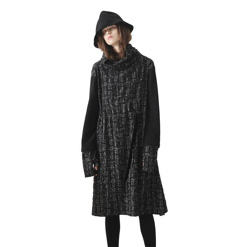 Plus Size Turtleneck Spliced Drawstring Winter Midi Dress