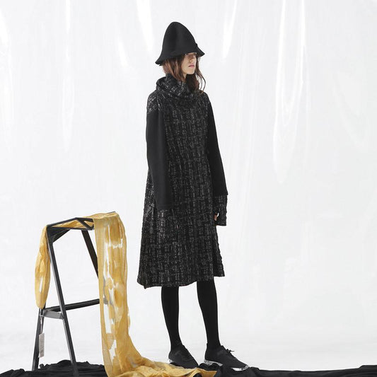 Plus Size Turtleneck Spliced Drawstring Winter Midi Dress