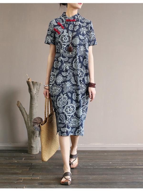 National Printed Cheongsam Midi Dress