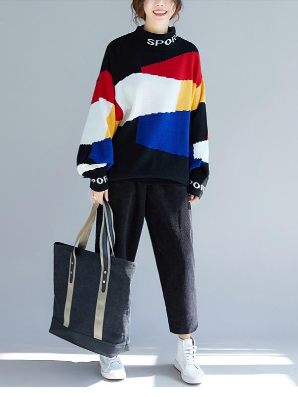 LOOSE CONTRAST COLOR HIGH-NECK KNITTING SWEATER - Zebrant