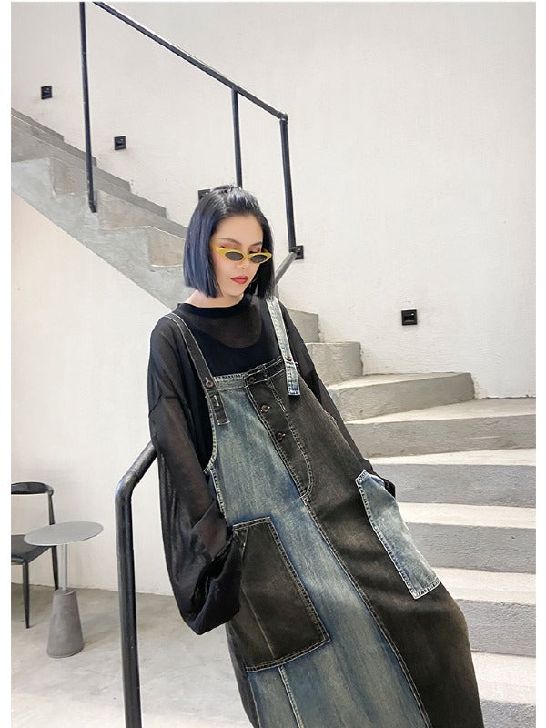 Contrast Color Splicing Sleeveless Jean Dress