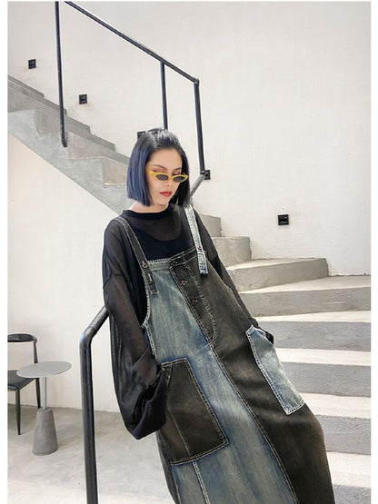 Contrast Color Splicing Sleeveless Jean Dress
