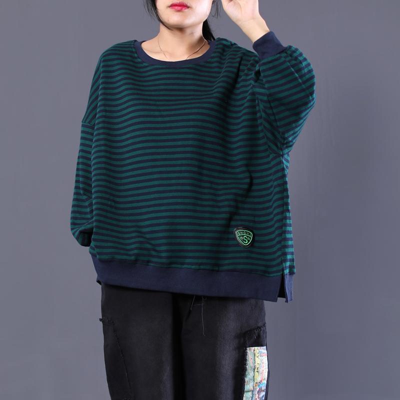 Cotton Fall  Long Sleeve Round Neck Striped Green  Regular Top