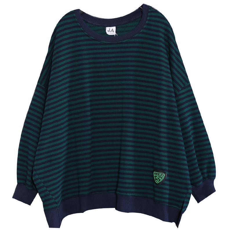 Cotton Fall  Long Sleeve Round Neck Striped Green  Regular Top