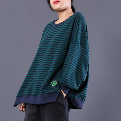 Cotton Fall  Long Sleeve Round Neck Striped Green  Regular Top