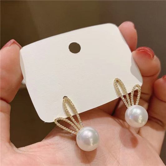 S925 silver needle drill rabbit ear pearl earrings