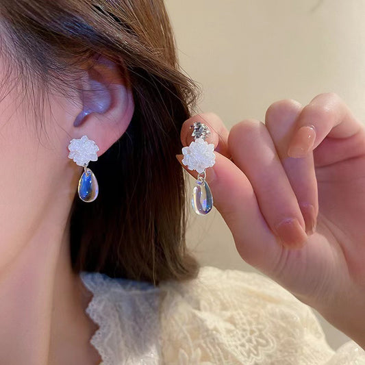 S925 silver needle flower transparent water drop earrings