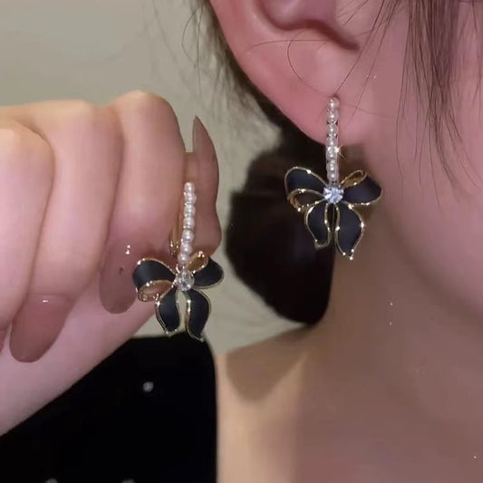 S925 silver needle sweet black bow pearl earrings