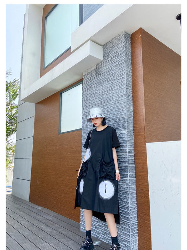 LOOSE POLKA-DOT ROUND-NECK LONG DRESS