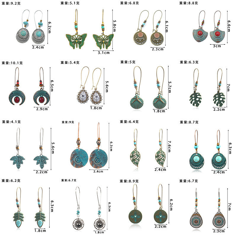 Alloy earrings openwork leaf turquoise earrings