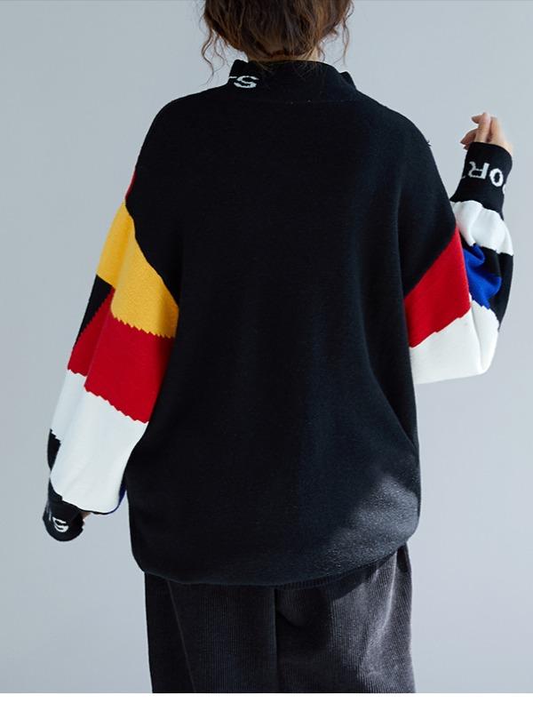 LOOSE CONTRAST COLOR HIGH-NECK KNITTING SWEATER - Zebrant