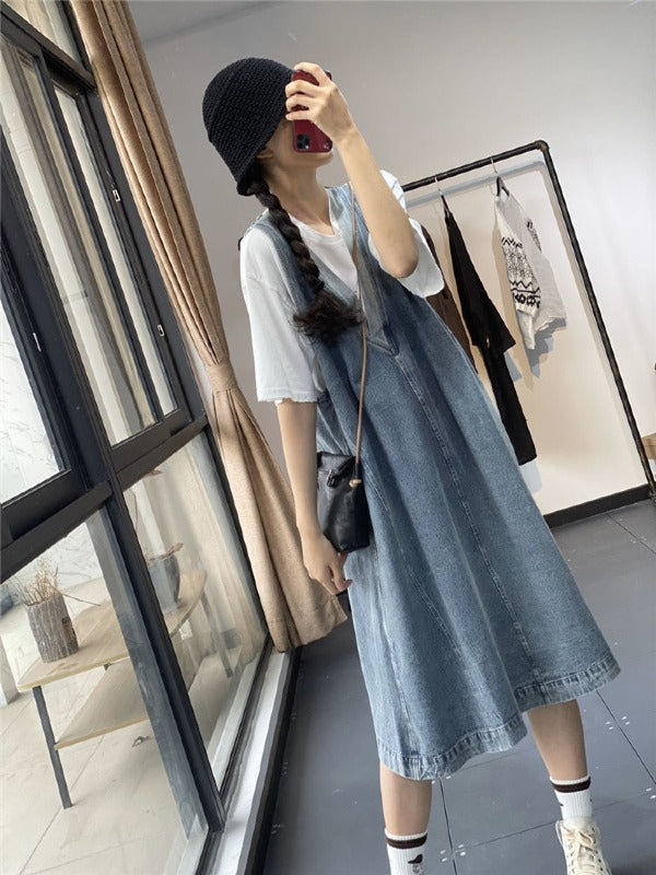 Loose Jean Splicing Contrast Color V-Neck Dress