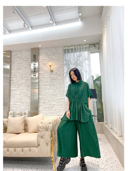 URBAN ELASTICITY BATWING SLEEVE LAPEL TOPS&WIDE LEG PANTS SUITS