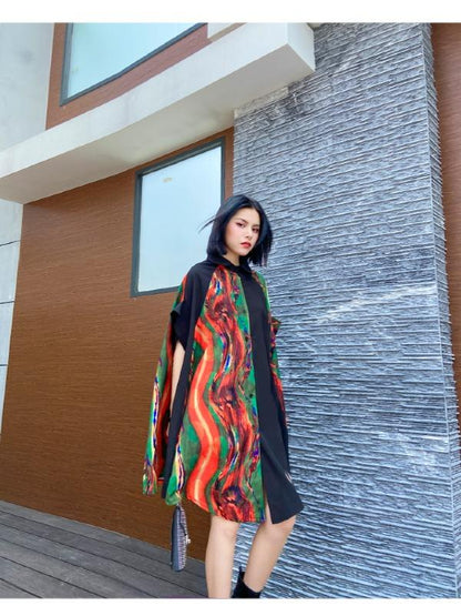 Plus Size Loose Print Cape Short Sleeve Shirt Dress
