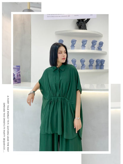 URBAN ELASTICITY BATWING SLEEVE LAPEL TOPS&WIDE LEG PANTS SUITS