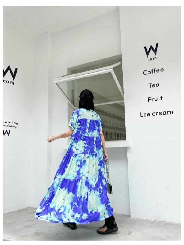 Fashion Tie-Dyed Bishop Sleeve A-Line Dress