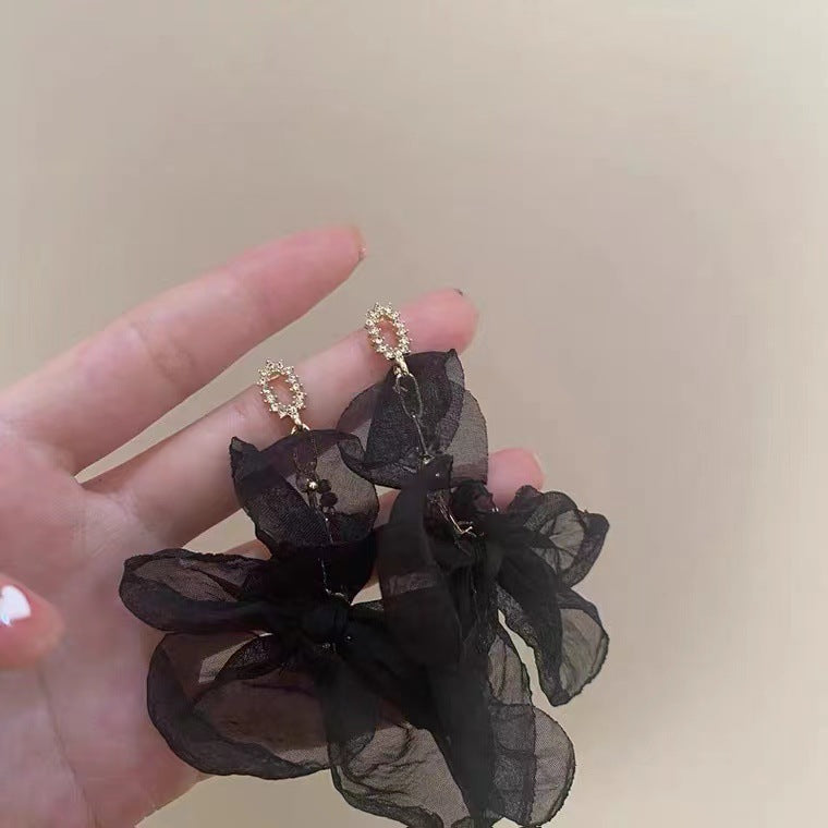 S925 silver needle flower tassel bow fabric earrings