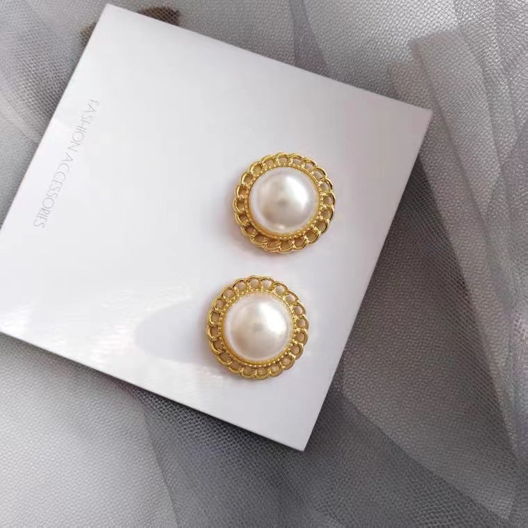S925 silver needle round pearl hollow earrings