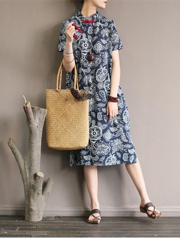National Printed Cheongsam Midi Dress
