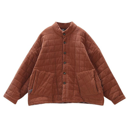 Plus Size - Winter Checks Casual Stand Collar Cotton-padded Coat