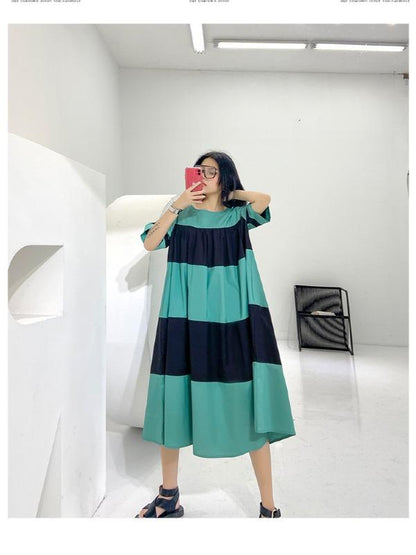 Plus Size Wide Stripes A-Line Midi Dress
