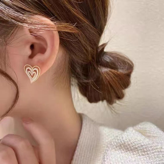 S925 silver needle flash diamond pearl multilayer love earrings