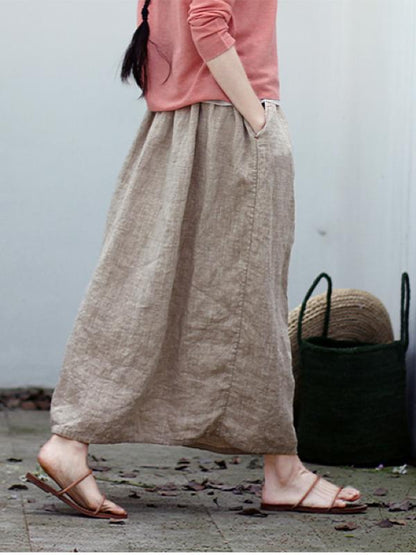 VINTAGE SOLID LINEN DRAWSTRING SKIRT