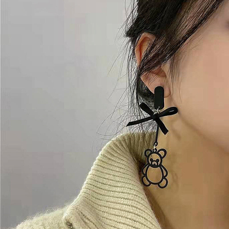 WHOLESALE BlackBowKnot cute bear long retro exaggerated earrings