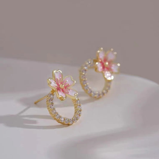 S925 silver pin pink cherry blossom earrings