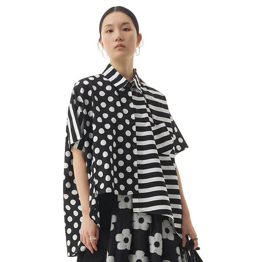 Oversized women's loose skinny top with striped irregular splicing top