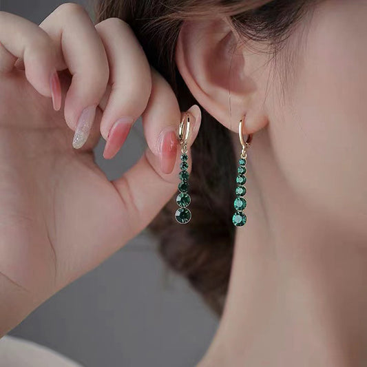 S925 silver needle full diamond drop emerald earrings