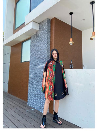 Plus Size Loose Print Cape Short Sleeve Shirt Dress