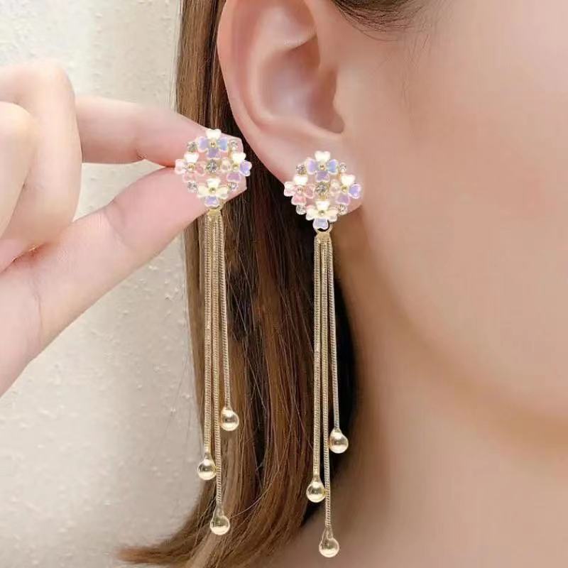 Bowknot geometric tassel long pearl rhinestone earrings