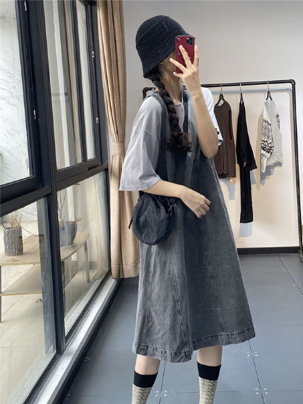 Loose Jean Splicing Contrast Color V-Neck Dress