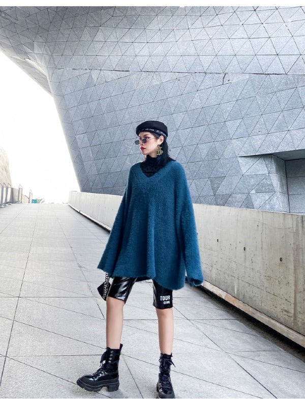 Loose V-Neck Mohair Knitting Sweater