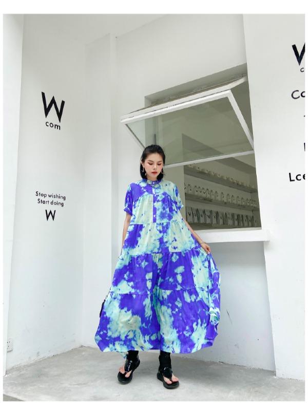 Fashion Tie-Dyed Bishop Sleeve A-Line Dress